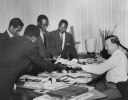 Left to Right:  Ignatius Ukpong, from Oniongaeket, Eastern Nigeria; Okiya Okoiti, from Kenya; Jacob Gordon, from Warri, West Nigeria; Samuel Ayobahan, of Benin City, West Nigeria; Walter P. Reuther.