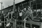 Walter Reuther speaking outside Chrysler Jefferson Avenue Assembly plant duing a strike.  "1950"