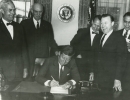 Left to Right:-1.  Murray Lincoln, Nationwide Insurance Co. & Cooperative Movement.-2. ???-3.  President John F. Kennedy-4.  Norman Cousins, The Saturday Review.-5.  Walter P. Reuther, President of UAW."ca. 1962"