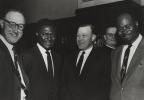 Left to Right:  Victor Reuther, Tom Mboya (Sec. General, Kenya Federation of Labor), Walter Reuther, William Beckham."