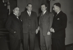 To celebrate the birth at London of the new International Confederation of Free Trade unions, Force Ouviere organized on December 11, 1949, a large-scale evening&squo;s entertainment at the Palais de Chaillot at Paris.  Several delegations of the foriegn trade unionists were present.  From left to right:  Matthew Woll, Vice President of the AFL and Chairman of the AFL Committee of International Relations; Leon Jouhauzz, President of Force Ouvriere; Walter Reuther, President of the United Automobile Workers, CIO, all of whom spoke at the gathering, and Robert Bothereau, Confederal Secretary of F.O.