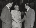 CIO PRESIDENT REUTHER VISITING VIENNA-Vienna, July 30, 1953 - Mr. Reuther (1st right) is greeted in front of the Bristol Hotel by AFTU President Johann Boehm, while Mr. Victor Reuther, former CIO representative for Europe (left) looks on.  July 30, 1953
